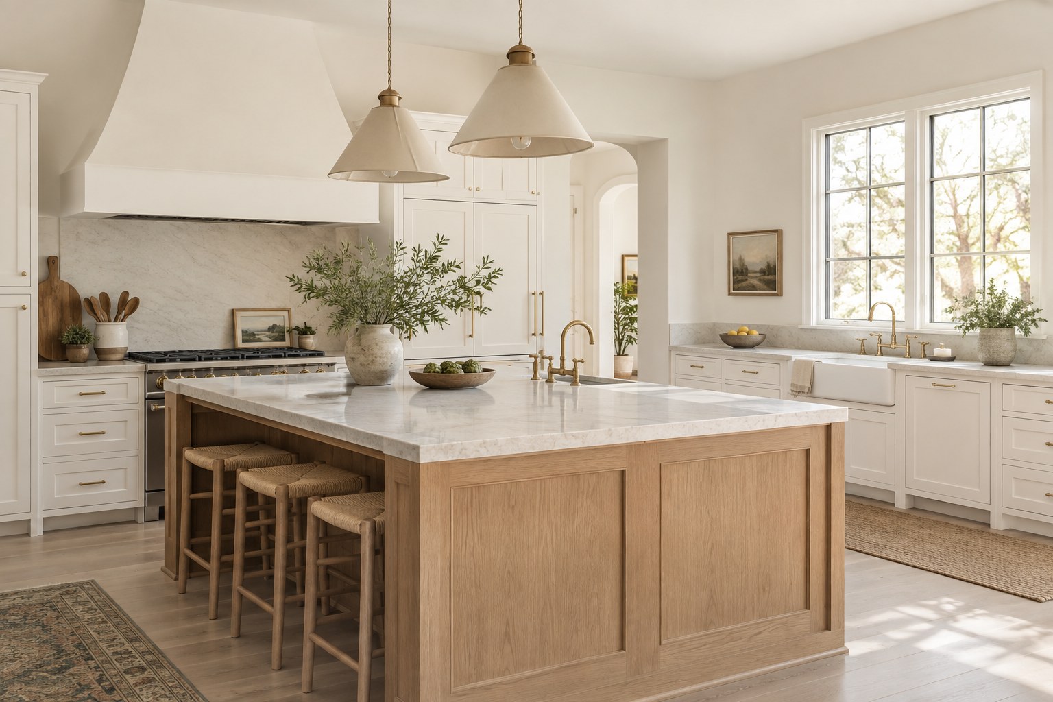 Kitchen with creamy-white walls and cabinetry beside natural wood